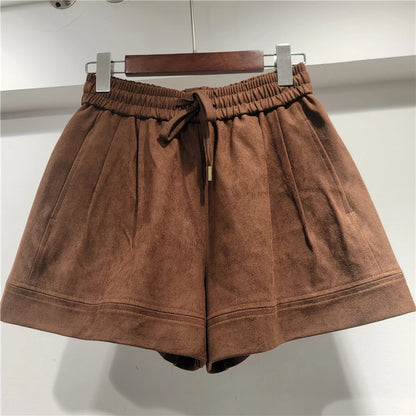 DEAT Fashion Loose Zipper Suede Short Coat For Women Drawstring Elastic Wasit Wide Leg Shorts Female Trendy 11A06048