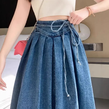 Plus Size Denim Pleated High Waist Midi Skirt Women's Design Sense Half Body Skirt Hip Conceal Slim a Line Skirt