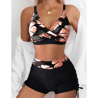 Costume da bagno due pezzi da donna con spalline incrociate, senza schienale, bikini con stampa floreale, vestibilità sportiva aderente, tessuto in poliestere, ideale per nuoto e sport acquatici.
