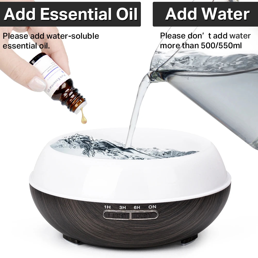 Diffusore di oli essenziali per aromaterapia con finitura effetto legno, telecomando, umidificatore ad ultrasuoni e luce LED a 7 colori.