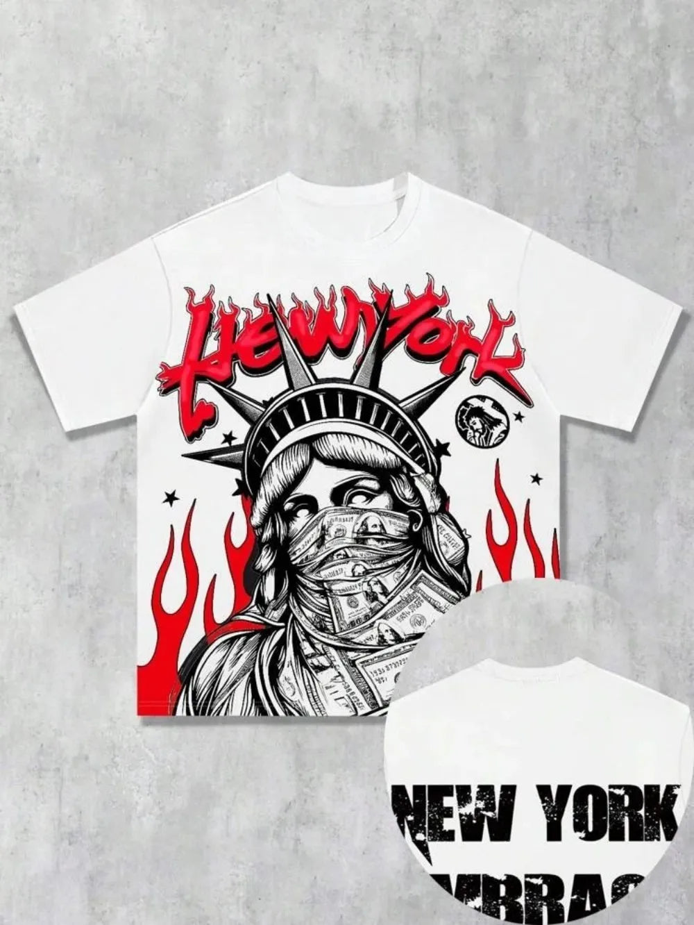 Nuovo set da uomo di tendenza con stampa della Statua della Libertà, composto da t-shirt girocollo traspirante e pantaloncini, comodo per le attività all'aperto.