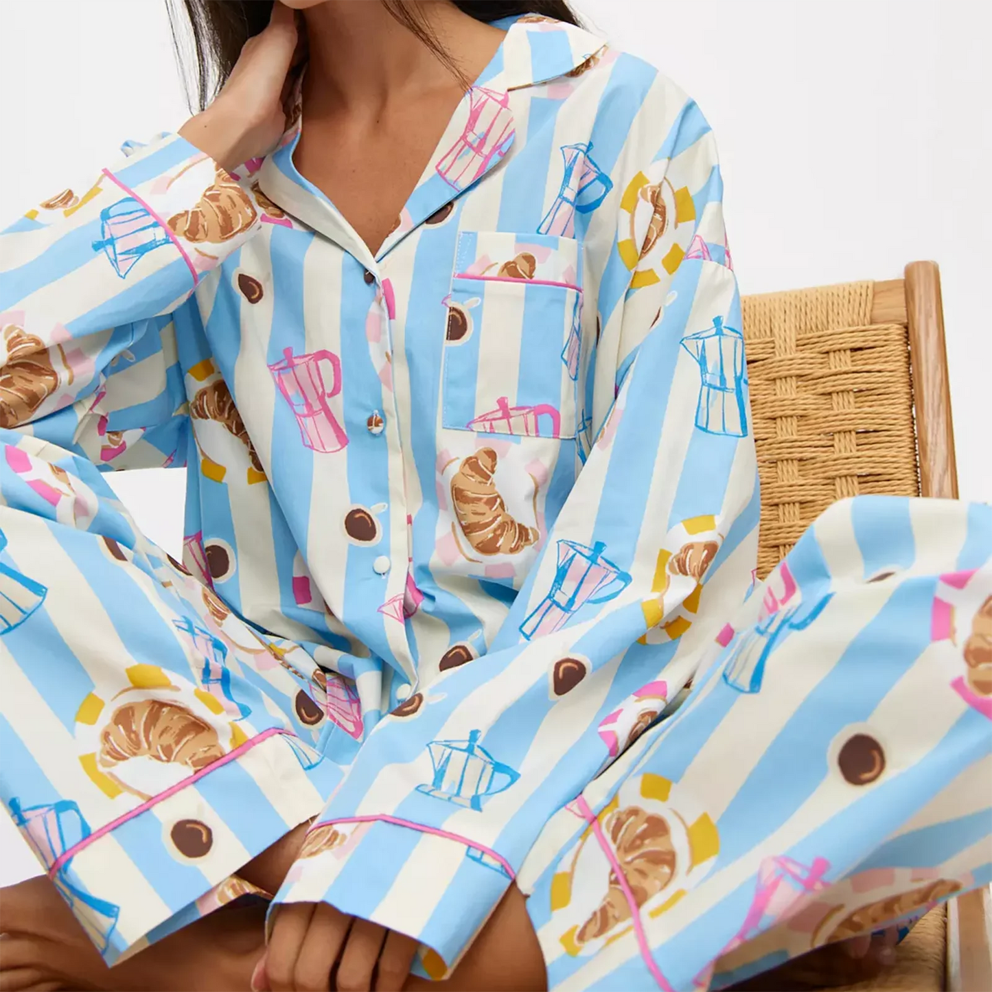 Set da notte da donna Hirigin in 2 pezzi con motivo stampato, manica lunga, pantaloni larghi e camicia da notte per l'autunno e l'inverno