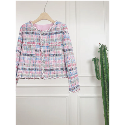 Giacca da donna di lusso di alta qualità, in tweed dolce, alla moda, con scollo rotondo e fibbia a diamante, cappotto da ufficio francese