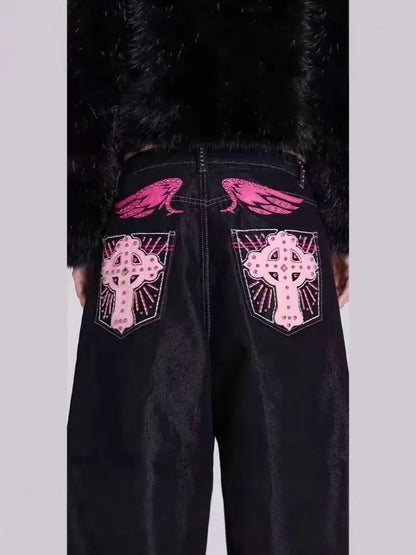 Personality Pocket Splicing Fashionable Design Wing Pattern Baggy Straight-leg Jeans Korean Style New Popular Denim Pants