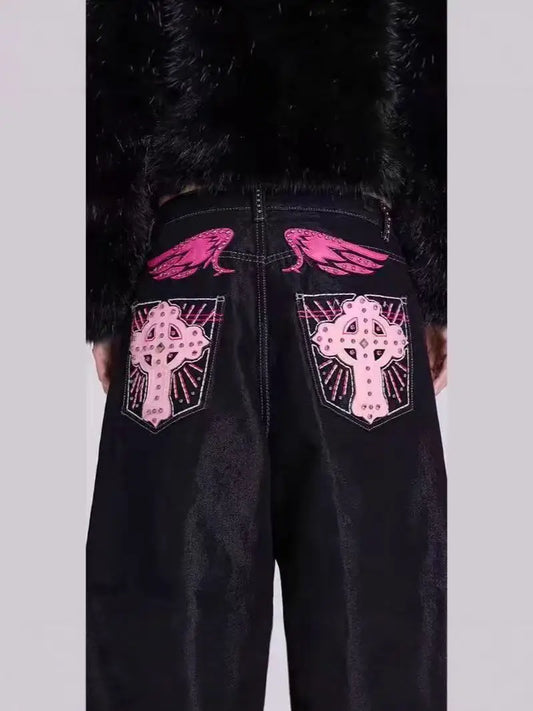 Jeans larghi a gamba dritta con tasche e design alla moda, modello a ali, stile coreano, nuovi pantaloni in denim di tendenza