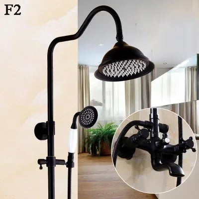 Bathroom Antique Black Painting Brass Lifting Column Wall Mount Shower Set 8" 3-Functions Hot Cold Rainfall Shower Mixer Tap