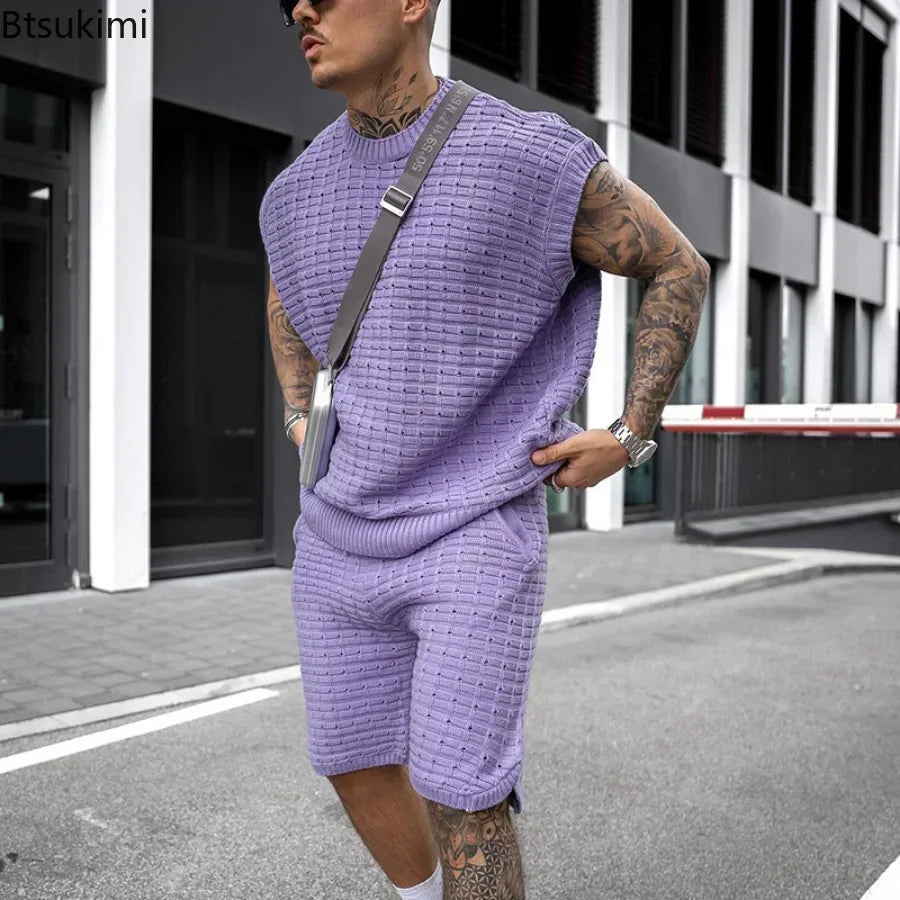 Nuovi completi casual da uomo 2026 a due pezzi per l'estate, con maglietta senza maniche tinta unita e pantaloncini, set da tuta streetwear da uomo.