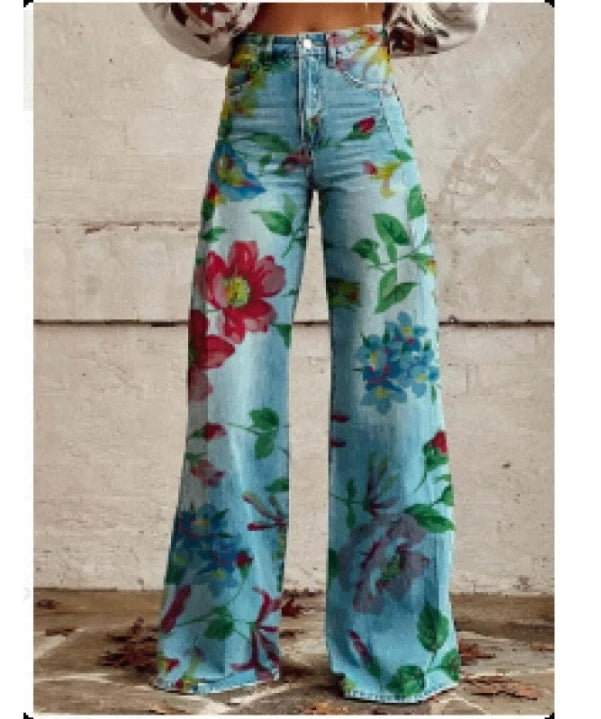 Cross-border Sale of Large-sized Women Casual Pants for European American Trade Thin Style Imitating copy Jeans Wide-leg Fashion