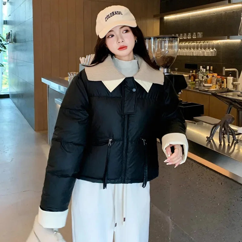 Short and Petite Down Cotton Jacket for Women in Winter 2024 With Loose Cesign and Patchwork Collar Cotton Jacket for Commuting