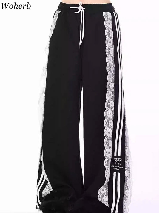 Pantaloni da jogging larghi coreani chic autunnali da donna con coulisse in pizzo patchwork Y2k, pantaloni da donna nuovi pantaloni casual alla moda