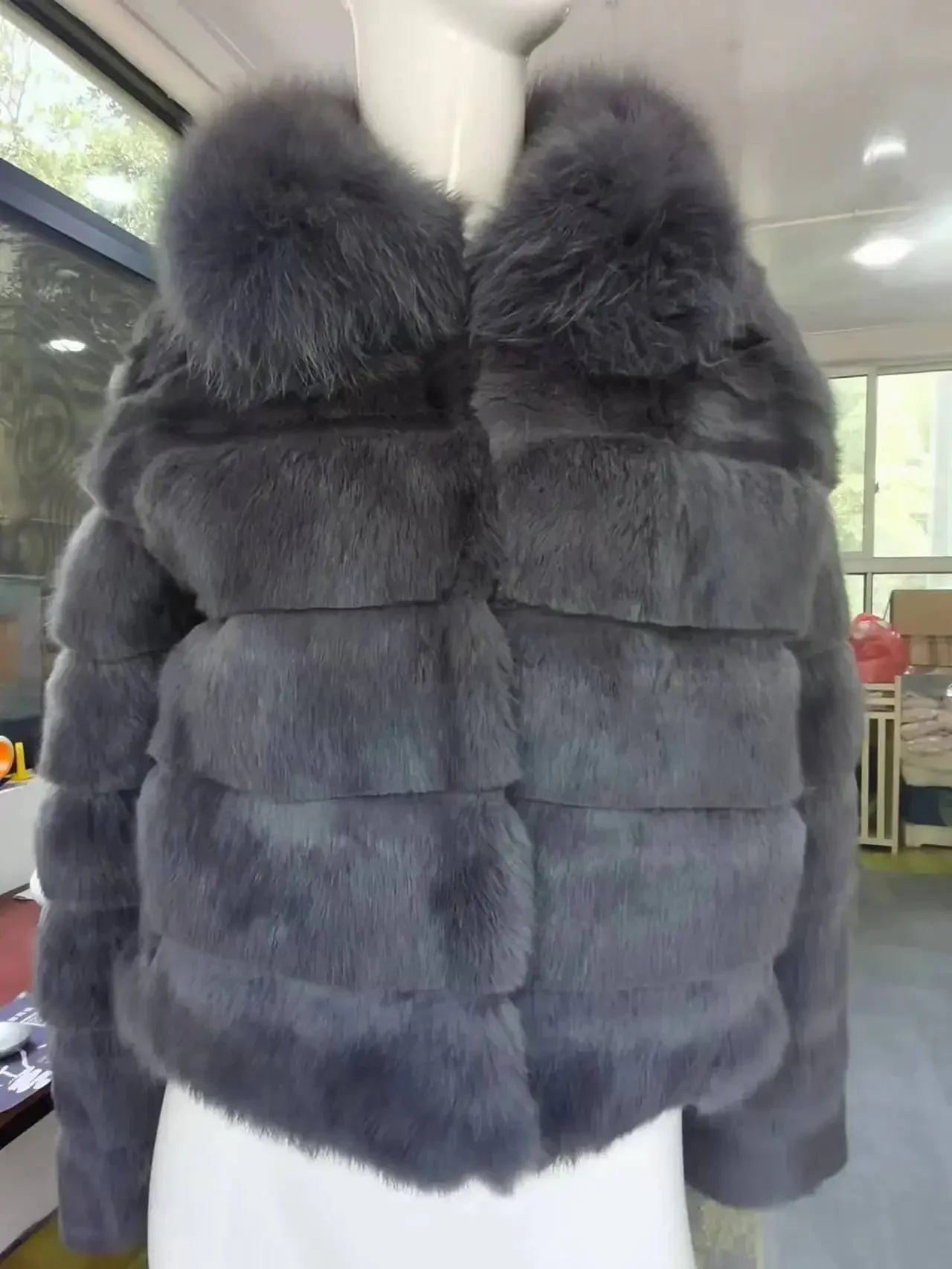 Giacca di pelliccia con collo in pelliccia di volpe naturale da donna, giacca di pelliccia di volpe a pelo intero, gilet di pelliccia di coniglio invernale, nuovo cappotto di vera pelliccia di coniglio da donna