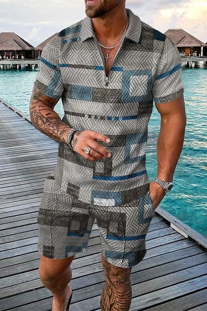 Completo estivo vintage casual a righe con stampa 3D, composto da polo, polo con cerniera e colletto, pantaloncini con cerniera, stile vacanze hawaiane da uomo.
