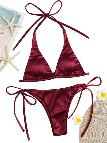 Bikini brasiliano sexy in raso con allacciatura al collo, disponibile in 13 colori, per donna. Costume da bagno a due pezzi. Set bikini da bagno K4966