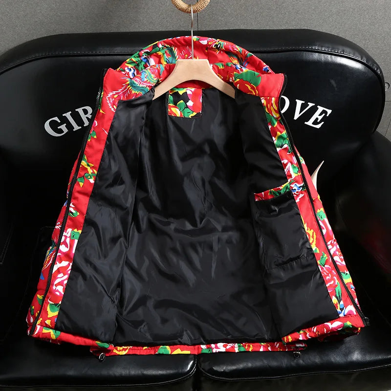 2025 Autumn Winter Chinese Style Northeast China Large Floral Cotton Jacket Loose-fit Zippered Hooded Long Sleeved Warm Coat