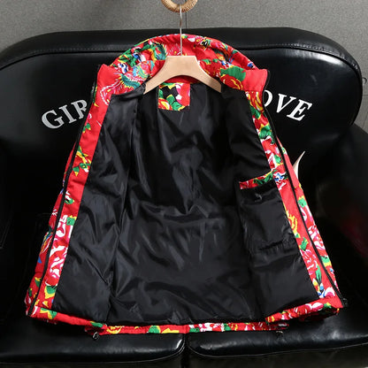 2025 Autumn Winter Chinese Style Northeast China Large Floral Cotton Jacket Loose-fit Zippered Hooded Long Sleeved Warm Coat