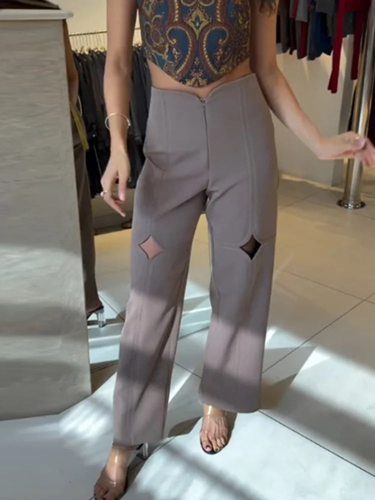 2026 Spring New Solid Hollow Out Long Pants For Women Elegant High Waist Wide Leg Trousers Female Street Casual Y2k Chic Pants