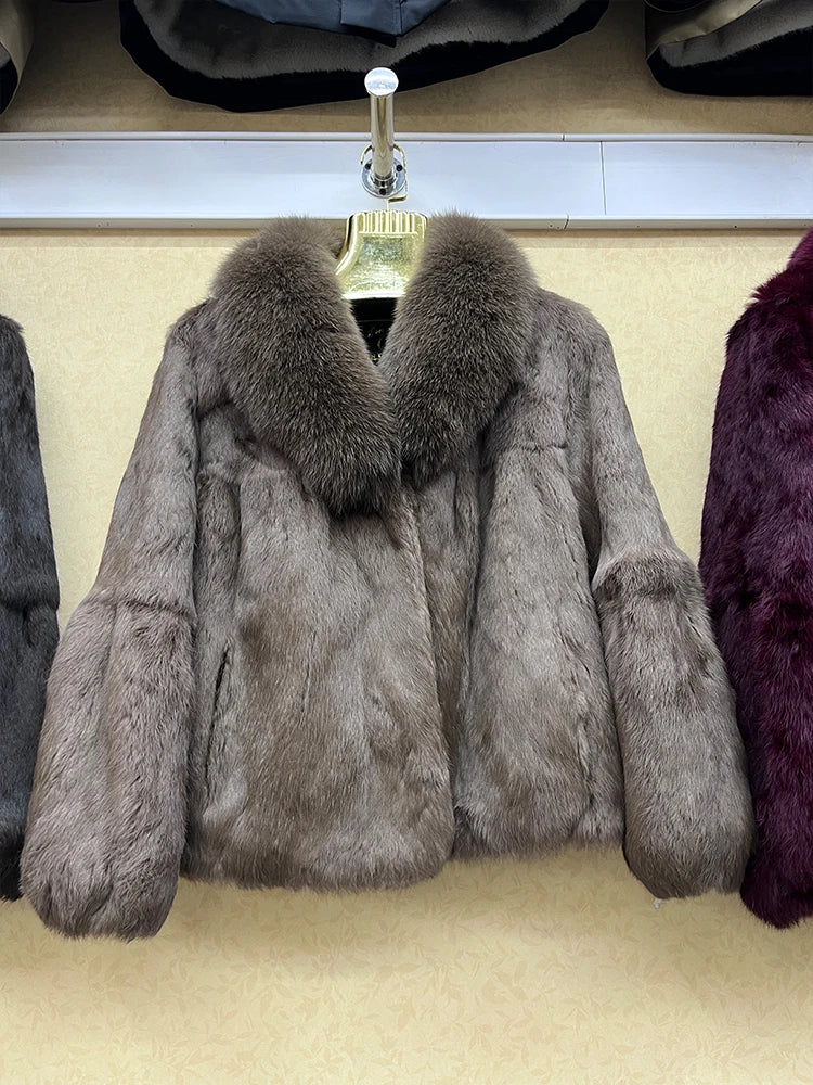 Fashion 100% Real Rabbit Fur Coat With Luxury Natural Fox Fur Collar Jacket Genuine Full Pelt Whole Rabbit Fur Overcoat