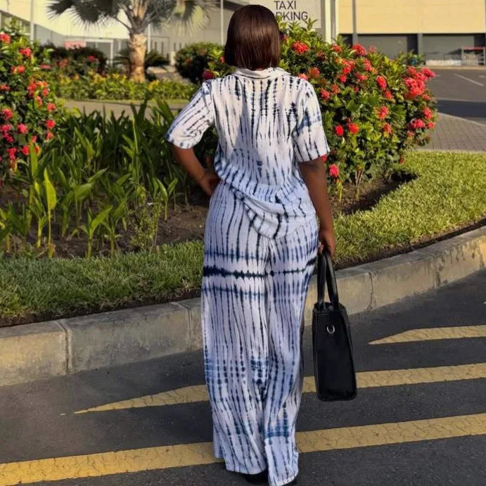 Women Two Piece Sets Pant Set Turn Down Collar Short Sleeve Shirt Wide Leg Long Pants Elastic Waist Y2k Streetwear Casual Loose