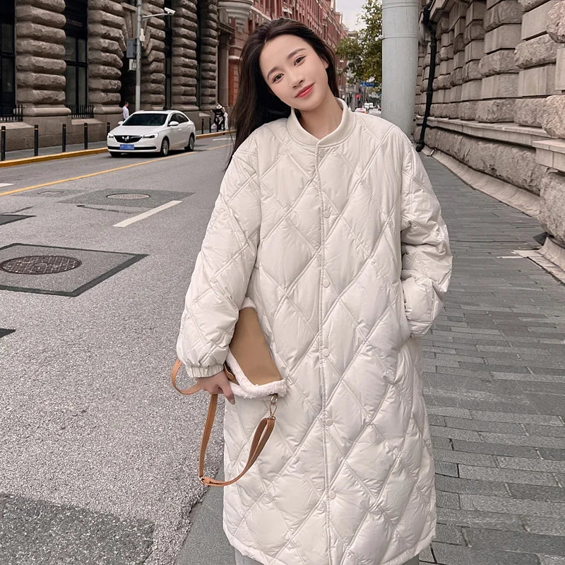 Women's Mid-Length Lightweight down Cotton Jaet Diamond id Knitted Coat Knee-High Winter Faion Korean Sle Loose Fit