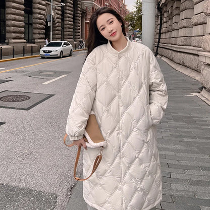Women's Mid-Length Lightweight down Cotton Jaet Diamond id Knitted Coat Knee-High Winter Faion Korean Sle Loose Fit