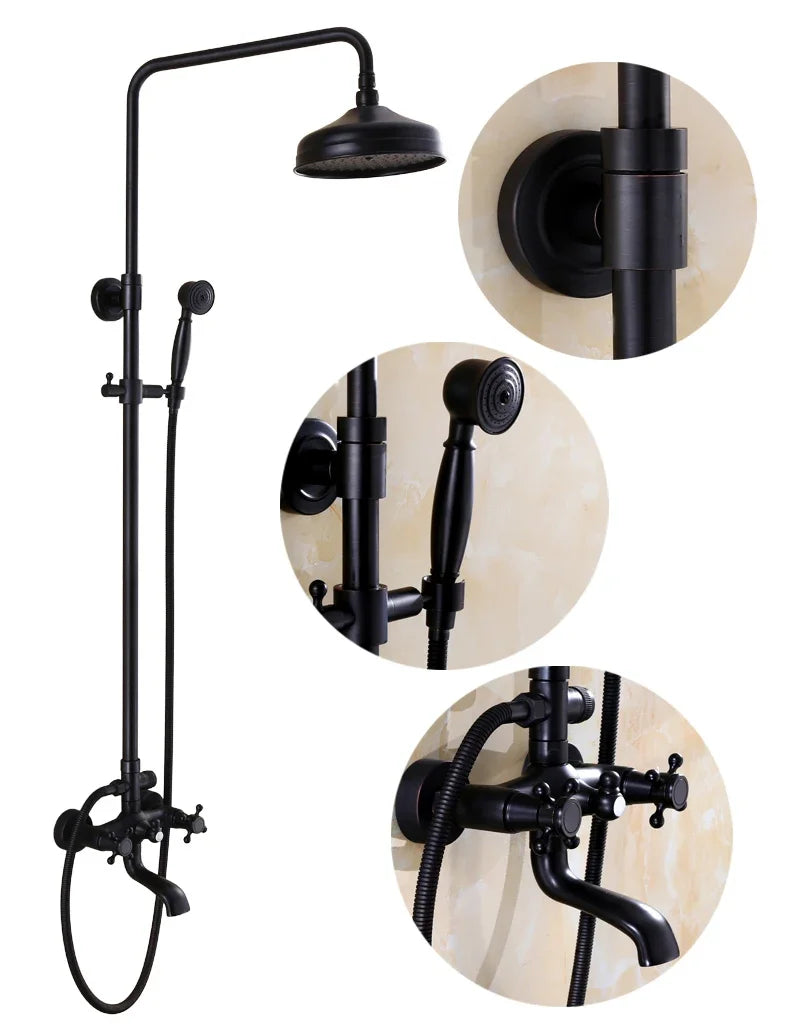 Bathroom Antique Black Painting Brass Lifting Column Wall Mount Shower Set 8" 3-Functions Hot Cold Rainfall Shower Mixer Tap