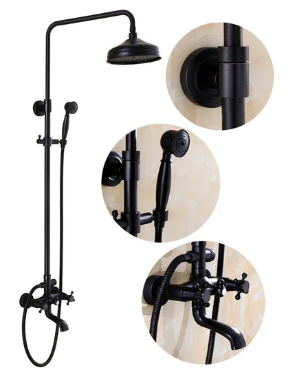 Bathroom Antique Black Painting Brass Lifting Column Wall Mount Shower Set 8" 3-Functions Hot Cold Rainfall Shower Mixer Tap