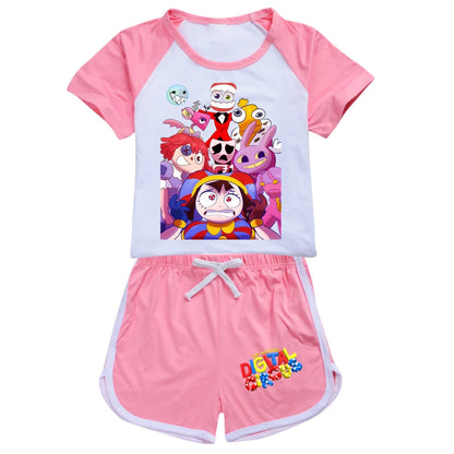 Abbigliamento per ragazzi: fantastico pigiama estivo digitale a tema circo con maglietta a maniche corte in cotone e pantaloncini, costume sportivo per ragazze 2896