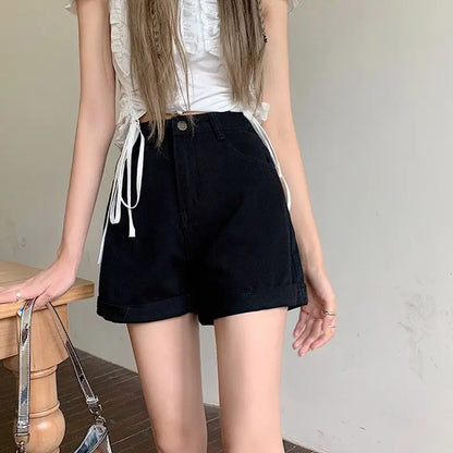 Light Blue High Waist Wide Leg A- Line Shorts Women's Denim Cuffed Hot Pants Design Sensation Casual Korean Style Cotton Shorts