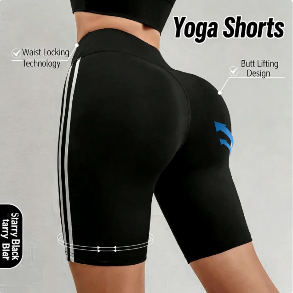 High Elastic Booty Lifting High Waist Yoga Shorts For Women Striped Side Quick Dry Tummy Control Gym Fitness Running Leggings