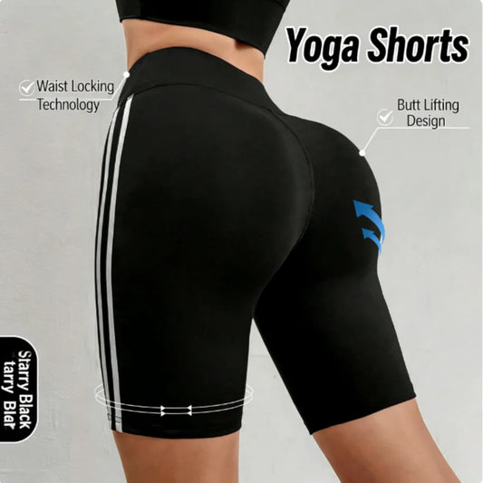 Pantaloncini da yoga a vita alta elasticizzati per donna, effetto push-up, con strisce laterali, asciugatura rapida, controllo addominale, ideali per palestra, fitness e corsa.