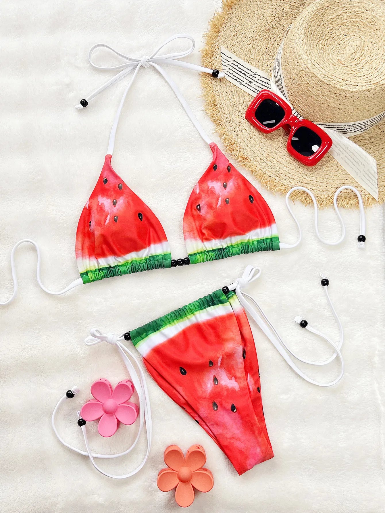 Sexy Red Watermelon Print Bikini Set 2025 Women Beaded String Strap Push Up Micro Swimsuit Bathing Suit Bandage Tanga Swimwear