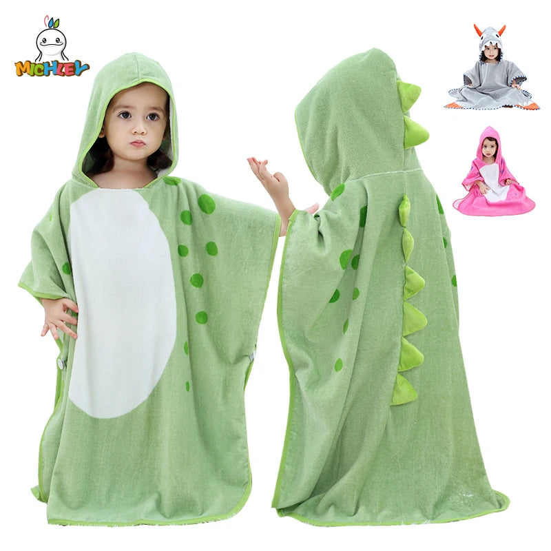 Asciugamano da bagno per neonati con cappuccio a forma di dinosauro dei cartoni animati MICHLEY, asciugamano da spiaggia in cotone, accappatoio morbido per neonati, unisex per bambini e bambine.
