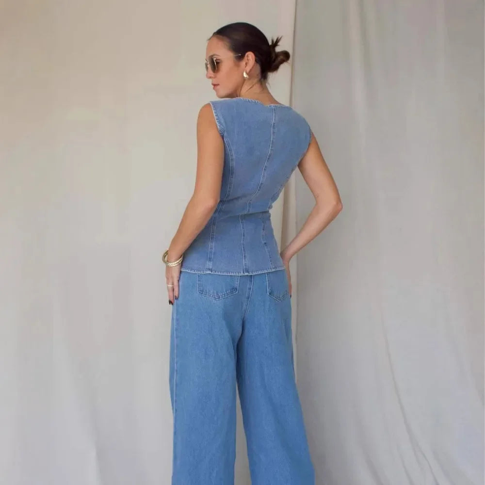 Completo da donna in denim, in cotone, con gilet senza maniche e jeans, tinta unita, stile americano, pantaloni larghi e dritti