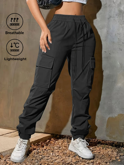 Pantaloni cargo da donna leggeri con vita regolabile e tasche con patta, ideali per attività all'aperto o lavoro, perfetti per primavera, estate e autunno.