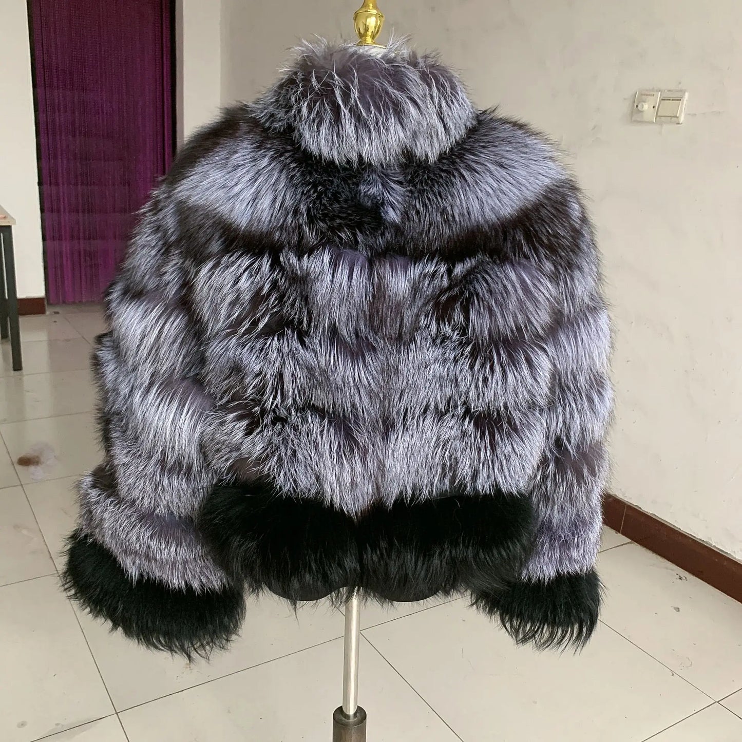 Nuovo cappotto invernale in pelliccia naturale da donna alla moda, con collo misto in volpe argentata, di alta qualità, in vera pelliccia, di lusso da donna