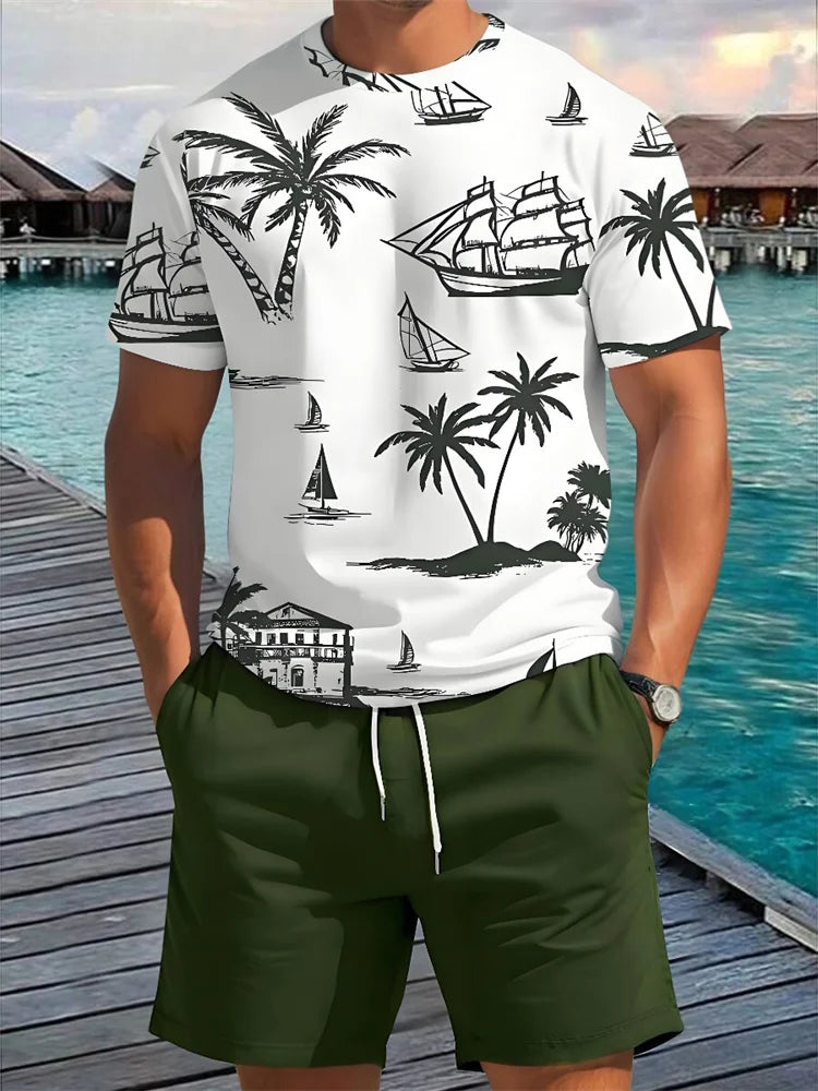 Completo estivo casual da uomo con pantaloncini a maniche corte, maglietta alla moda da uomo stile urbano, pantaloncini sportivi da uomo per attività all'aperto.