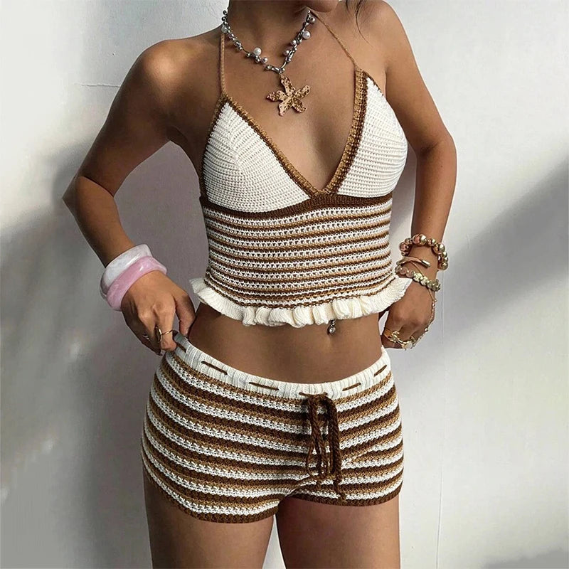 Completo da spiaggia sexy da donna in maglia, senza schienale, scollo a V profondo, senza maniche, top corto, pantaloncini, completo estivo da donna a righe, 2026