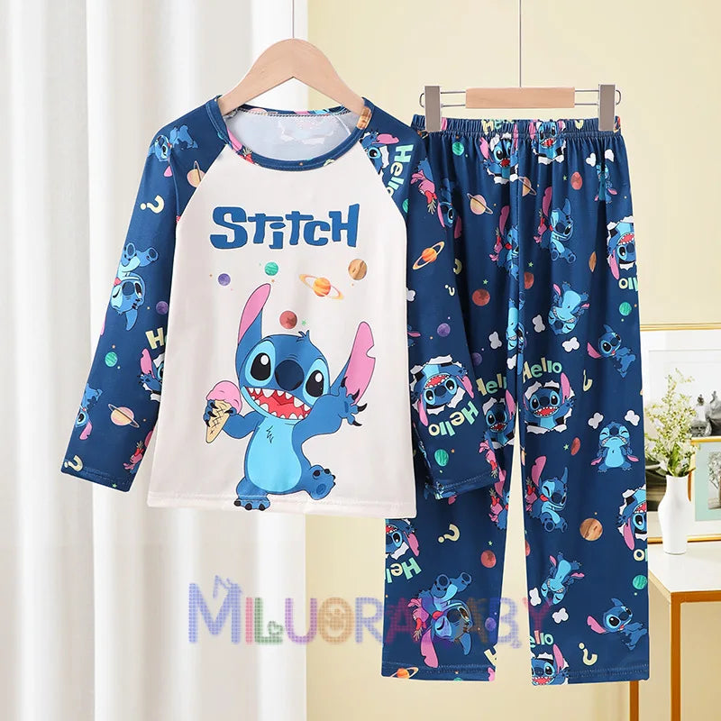 Pigiama per bambini dai 2 ai 14 anni, completo a maniche lunghe per primavera e autunno, set pigiama per bambini con motivo a cartoni animati Stitch, abbigliamento da casa comodo e casual per ragazzi e ragazze.