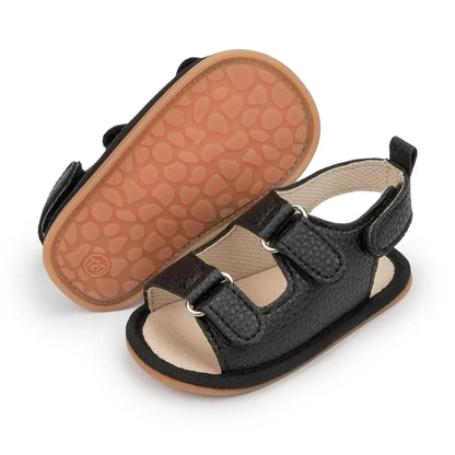 Sandali estivi per neonati Meckior, scarpe per bambini in pelle PU con suola in gomma antiscivolo, primi passi per neonati e bambine da 0 a 18 mesi.