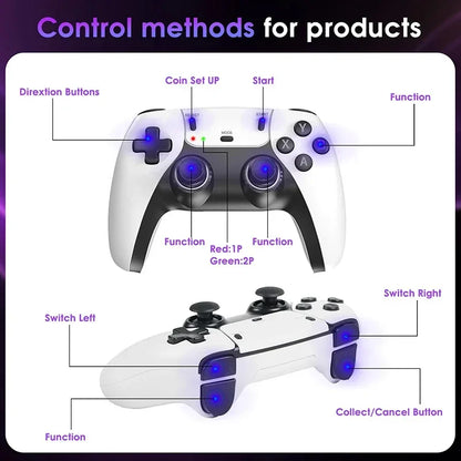 Console di gioco wireless M15 4K con oltre 40.000 giochi, scheda TF da 64 GB e doppi controller 2.4G, compatibile con giochi PS1/arcade e classici.