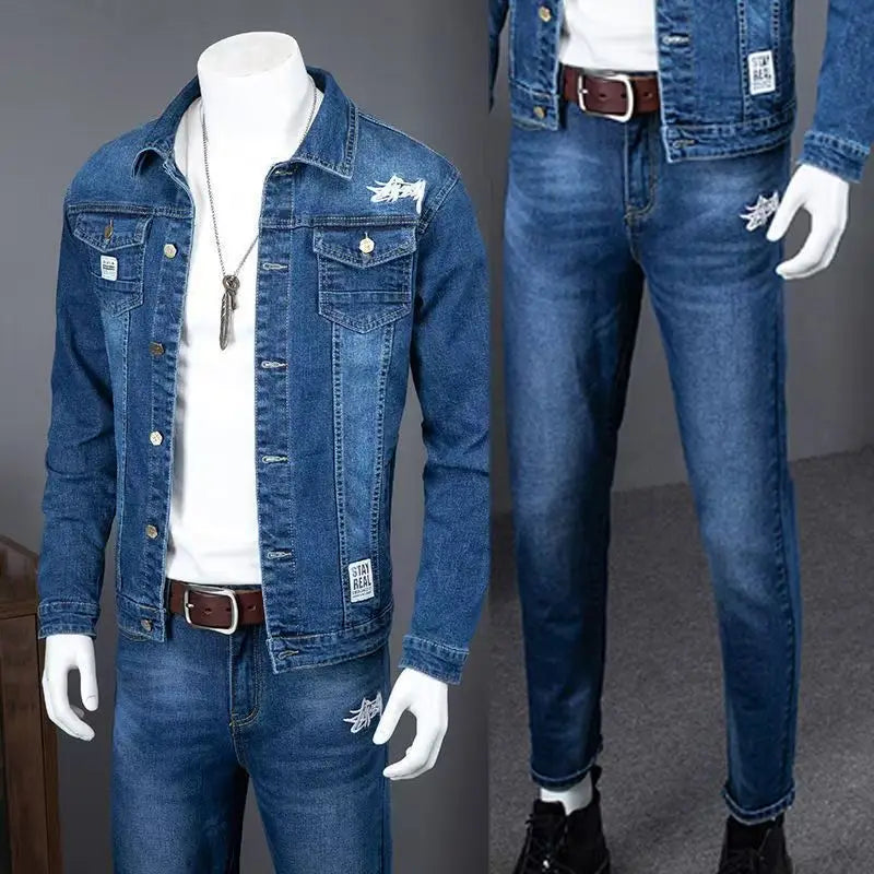 Spring Autumn New American Denim Jacket Jeans Set Classic Cowboy Jeans Trendy Two-Piece Sets Versatile Outerwear Casual Coat