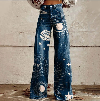 Cross-border Sale of Large-sized Women Casual Pants for European American Trade Thin Style Imitating copy Jeans Wide-leg Fashion