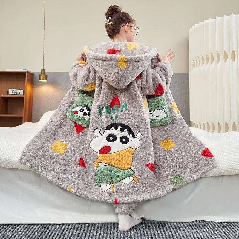 Stitch 2 pezzi pigiama in velluto Kawaii genitore-figlio Kawaii cartone animato anime bambine bambino accappatoio con cappuccio spesso caldo casual carino set di abbigliamento per la casa