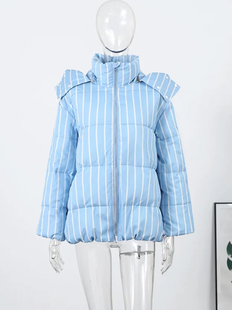 Casual Striped Loose Coat Women Full Sleeve Zippers Stand Collar Thicken Jackets Female 2025 Street Autumn Winter Lady Outwears