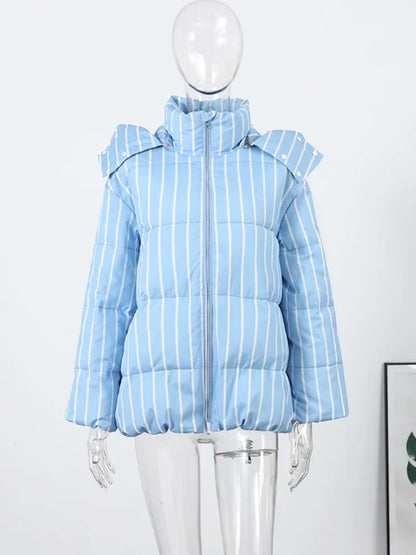 Casual Striped Loose Coat Women Full Sleeve Zippers Stand Collar Thicken Jackets Female 2025 Street Autumn Winter Lady Outwears