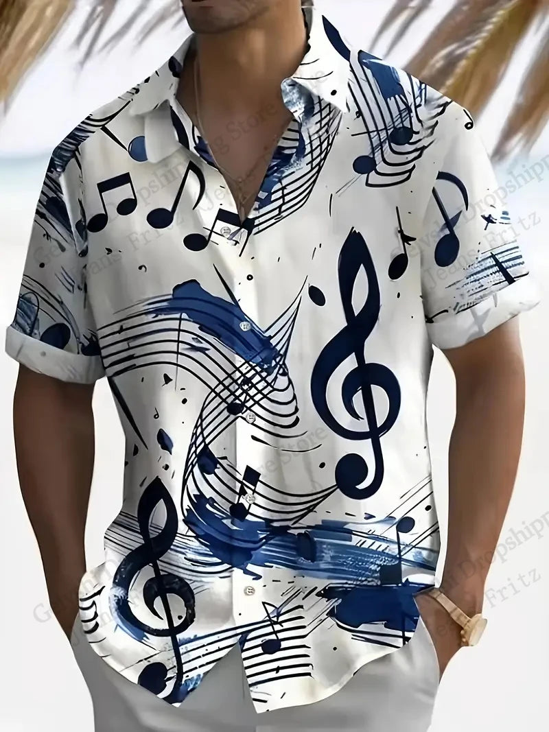 Camicie con stampa 3D di note musicali, da uomo e da donna, alla moda, a maniche corte, casual, da spiaggia, con risvolto, nuovi abiti per le vacanze