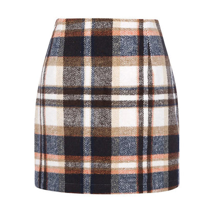 Women's High Waist Plaid Woolen Pencil Skirt Tight Fit Ele Sle Zipper Closure Cotton Blend Ort Length A-line Skirt