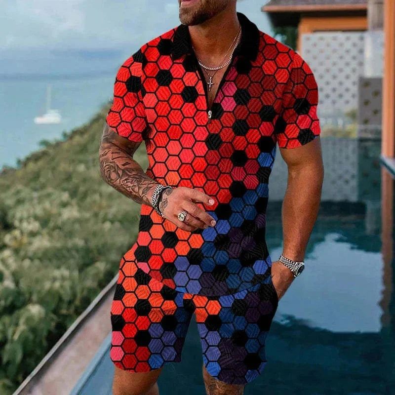 Completo da uomo composto da polo con cerniera, tinta unita, stampa 3D sfumata, colletto polo e pantaloncini. Abbigliamento estivo oversize per le vacanze alle Hawaii.