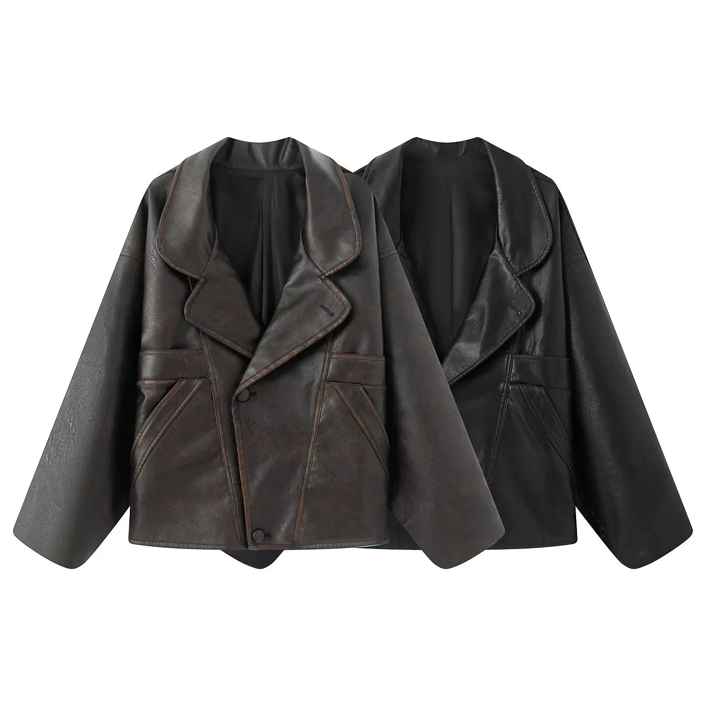 2025 Autumn American Retro Women Washing Black PU Leather Jacket Lapel 3 Buttons Full Sleeve Oversize Coat Loose Short Outerwear