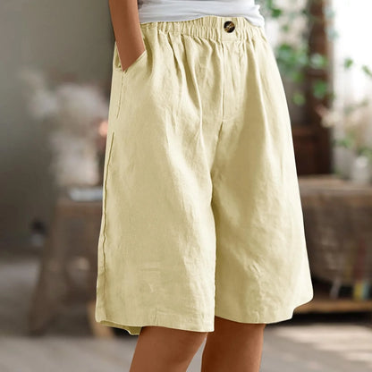 Female Fashion Solid Color Elastic High Waist Pocket Button Up Loose Cotton Linen Five Length Shorts Summer Soft Comfort Pants